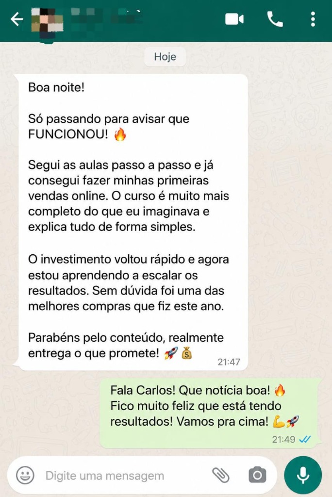 Depoimento do aluno Carlos no WhatsApp